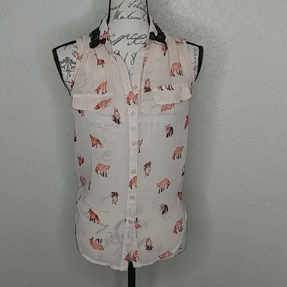Sheer Button Front‎ Fox Print Top With Back Keyhole